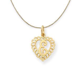 14k Yellow Gold, Grace, Satin Heart Initial E Necklace, 15mm - 18 Inch